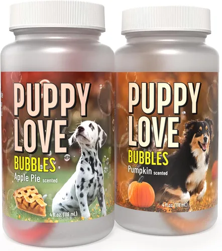 Vista 11 de Atomic Bubbles: Amor de Cachorro Burbujas: Paquete de 2 con Aroma a Tarta de Manzana - Botellas de 4oz, Juguetes Interactivos para Perros, Seguros