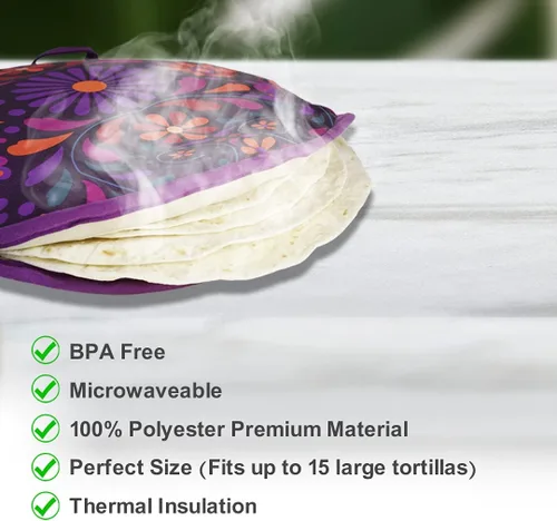 Vista 2 de Sophix Bolsa para calentar tortillas, tamaño grande de 12 pulgadas, este soporte de tela con aislamiento térmico mantiene las tortillas, el pan Naan