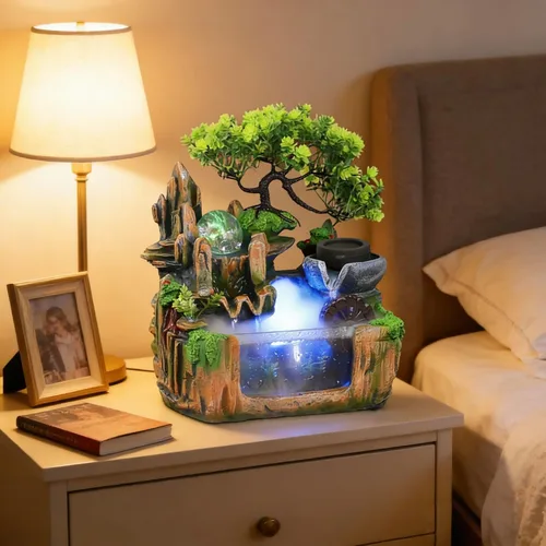 Vista 17 de Mini fuente artificial de mesa de roca con función de niebla de cascada de árbol bonsái