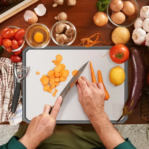 Vista 6 de Tablas de cortar de titanio para cocina, grandes de 16x11 pulgadas de titanio puro y paja de trigo PP de doble cara, aptas para lavavajillas