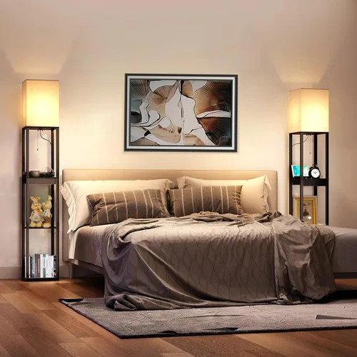 Vista 6 de Lámparas de pie para sala de estar, lámpara de pie alta con estantes y cajón, 2 puertos de carga USB y 2 tomas de corriente, bombilla LED brillante