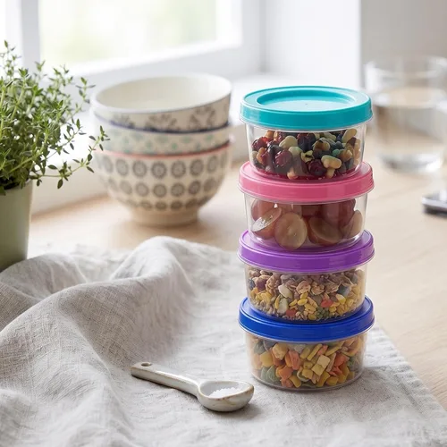 Vista 5 de DecorRack Paquete de 12 recipientes de plástico de almacenamiento de alimentos de 7 onzas con tapas de rosca, sin BPA, tarros apilables