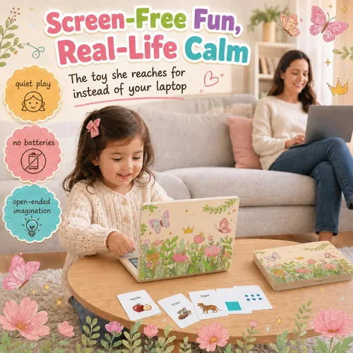 Vista 2 de Montessori Toys - Regalos de cumpleaños para niñas de 4 años, portátil floral de 11.8 pulgadas, artículos esenciales para la escuela en casa, juego