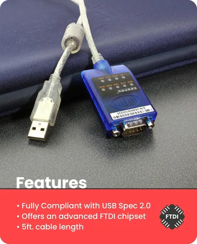 Vista 5 de USB to Serial RS-232 Adapter with LED Indicators, FTDI Chipset, Supports Windows 11/10/8.1/8/7, Mac OS X 10.6 and Above