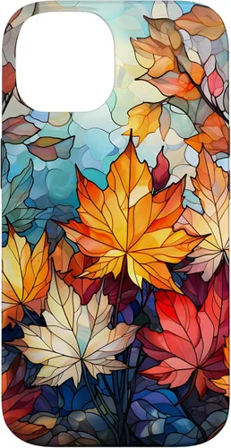 Vista 4 de iPhone 15 Otoño hojas de arce vitrales estilo abstracto caso