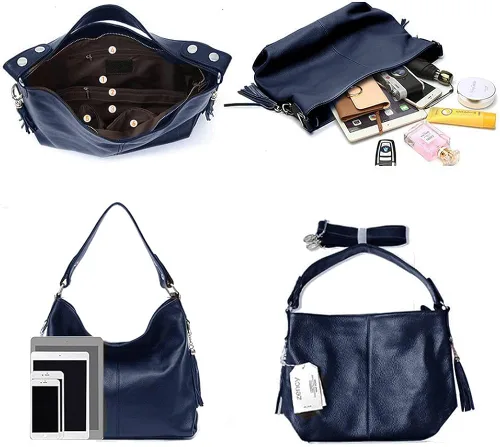 Vista 4 de Bolso de mano de piel auténtica con borla para mujer, color negro y blanco