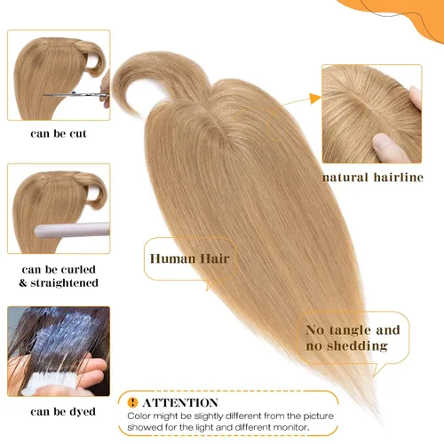 Vista 3 de S-noilite Toppers para el cabello humano real con flequillo, 6 pulgadas, color rubio oscuro #27, base de seda, clip en la parte superior