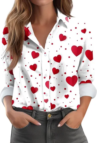 Vista 6 de Camisetas de San Valentín para mujer, camisas con botones, blusas de corazón, elegantes, informales, cuello de solapa, manga larga, suave, cómoda