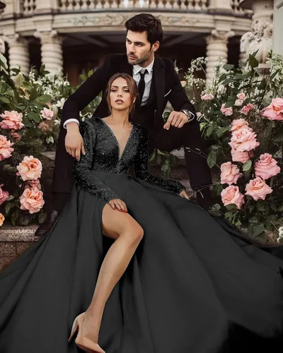 Vista 5 de homdor Vestido de fiesta de lentejuelas de manga larga, vestido de baile brillante, vestido de noche formal con cuello en V, vestido de novia