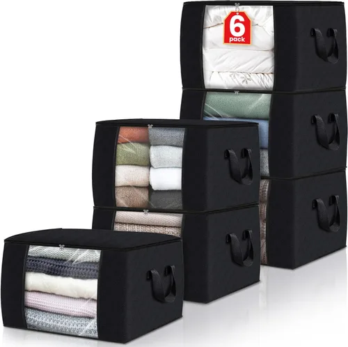 Vista 8 de Fab totes Paquete de 3 bolsas de almacenamiento plegables de tela gruesa, contenedores para organizar dormitorio, armario, ropa, edredón, Beige
