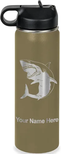Vista 44 de LaserGram Botella de agua personalizada, gran tiburón blanco, acero inoxidable de doble pared aislada al vacío con popote superior, regalo grabado