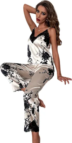Vista 3 de SheIn Pijama de satén con estampado floral de encaje para mujer, conjunto de pantalones largos
