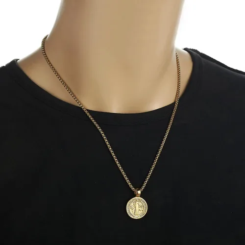 Vista 5 de FSYAEGZA Collar con colgante de medalla de exorcismo de San Benito para hombre, de acero inoxidable, colgante de cruz religiosa católica, colgante