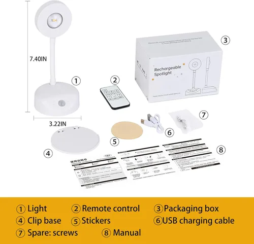 Vista 6 de XPESUVC Lámpara de pared con sensor de movimiento, foco LED recargable, lámpara de lectura de mesita de noche de rotación flexible con 3 Blanco