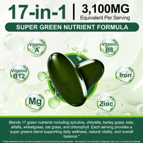 Vista 2 de NIFEISHI Cápsulas orgánicas de espirulina clorella, 3100 mg por porción, mezcla de supergeens 17 en 1, ricas en clorofila, veganas y altas