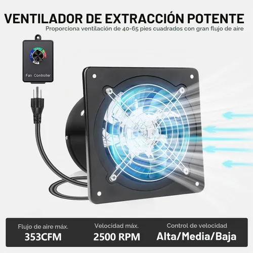 Vista 5 de Ventilador de escape de velocidad variable de 6 pulgadas, ventilador de ventilación 353CFM, extractor de pared de 110 V con controlador de velocidad