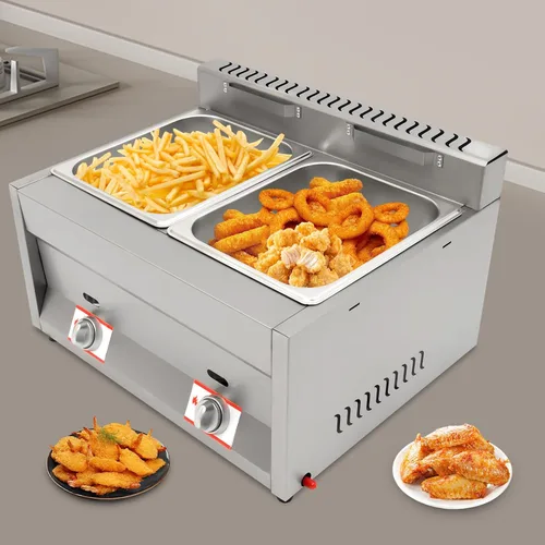 Vista 8 de Freidora comercial, freidora de acero inoxidable de doble tanque, freidora de gran capacidad de 12L, freidora con control de interruptor