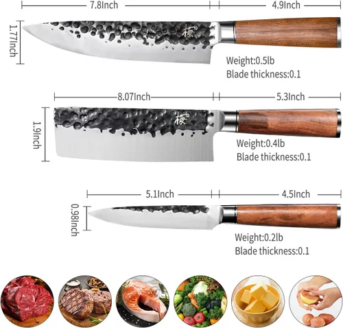 Vista 6 de Juego de cuchillos de cocina de 3 piezas, cuchillo de chef, cuchillo Usuba, cuchillo de pelar, cuchillo profesional de acero inoxidable de alto