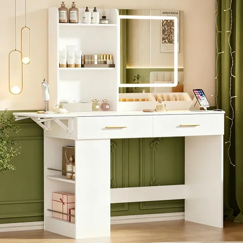 Vista 2 de Escritorio de tocador con espejo y luces, mesa de maquillaje de 43.31 pulgadas con 4 cajones, escritorio extra plegable con 3 estantes abiertos