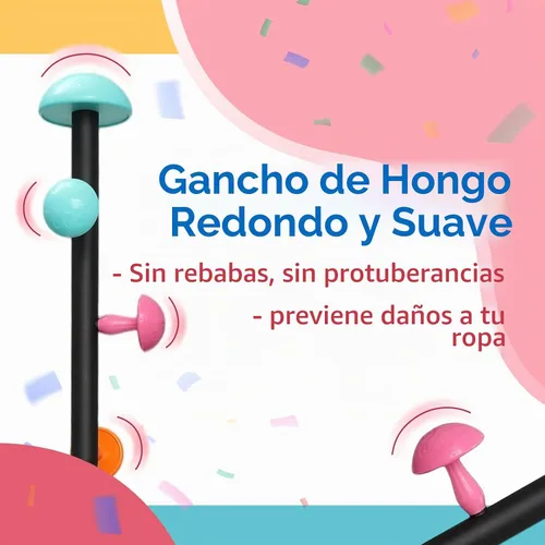 Vista 2 de Perchero independiente de metal resistente para niños, 7 ganchos redondos de hongos y base de cuarzo de mármol resistente, bolsa de ropa colgante