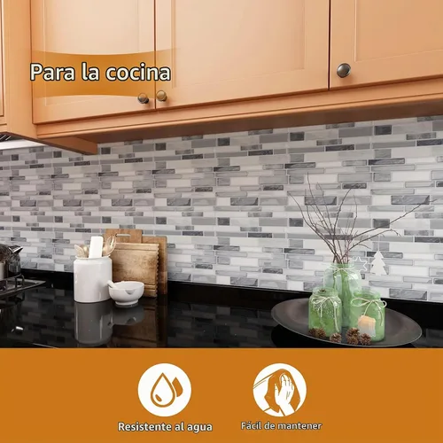 Vista 2 de WOWSTAR Azulejos Autoadhesivos de 10 Hojas para Salpicadero de Cocina, Azulejos Adhesivos para Salpicadero de Cocina (12"x 12", Gris) Pelar