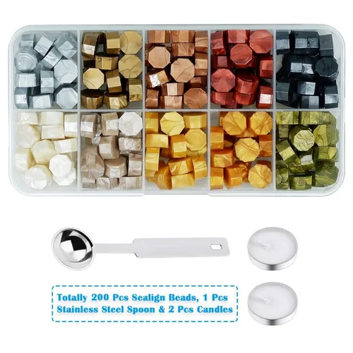 Vista 2 de Cuentas de cera de sellado, 200 piezas retro metálicas con 2 velas de té y 1 cuchara de derretir cera