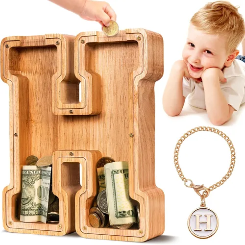 Vista 23 de SummiDate Alcancía de madera de letra para niños y niñas, Alfabeto, personalizada, regalo de cumpleaños y pascua para niños (A)