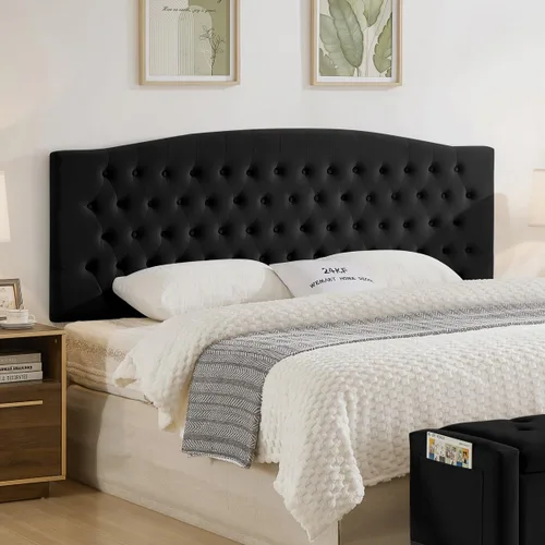 Vista 8 de 24KF 6058-Q - Cabecera tapizada de terciopelo con botones para montar en la pared, cómoda y a la moda, tamaño Queen/Matrimonial, color negro