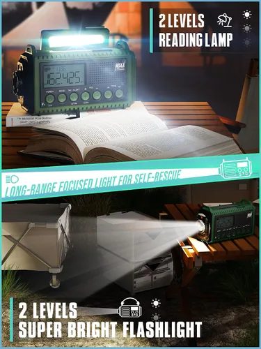 Vista 5 de Radio de emergencia de 12000 mAh - Alerta meteorológica AUTO NOAA, manivela solar AM/FM/SW/NOAA, linterna, cargador de teléfono, sirena SOS, kit