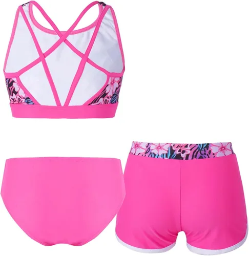 Vista 2 de Traje de baño tankini para niños y niñas, estampado de camiseta corta con calzones y pantalones cortos, traje de baño de 3 piezas