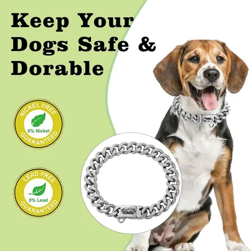 Vista 6 de Collares para perros de acero inoxidable plateado y dorado con cierre de seguridad, collar de cadena tipo cubano de 18 quilates para entrenamiento