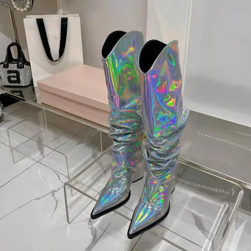 Vista 21 de Vertundy Botas altas hasta la rodilla metálicas con punta puntiaguda para mujer, botas altas de tacón alto de charol plisadas, botas largas plisadas
