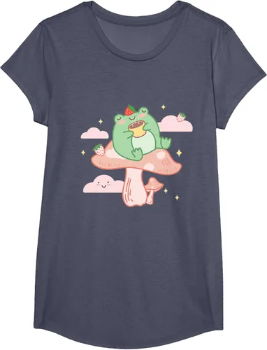 Vista 18 de Kawaii Strawberry Frog On Mushroom - Camiseta de manga corta de anime, Azul / Patchwork, S Azul Pastel