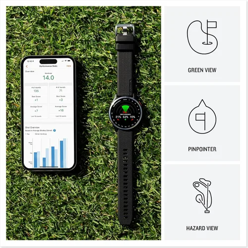 Vista 3 de Garmin Approach® S44, reloj inteligente GPS esencial para golf, pantalla AMOLED, funciones en el campo, bisel de aluminio plateado con banda de Negro
