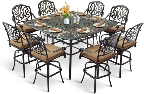 Vista 30 de Juego de barra para exteriores de 10 piezas, muebles de bar de aluminio fundido para todo tipo de clima con 8 taburetes de bar giratorios Bronce