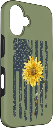 Vista 3 de iPhone 16 Yellow Sunflower Patriotic US American Flag Women Sage Green Case