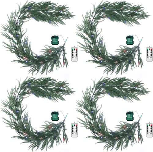 Vista 10 de Guirnalda de Navidad de pino Norfolk preiluminada de 6 pies con luces LED y control remoto – Guirnalda iluminada a pilas para repisa de chimenea