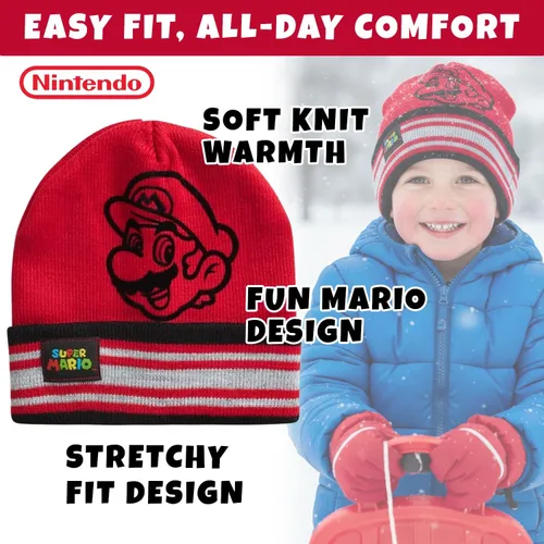 Vista 6 de Nintendo Super Mario Bros. Gorro de invierno para niños, paquete de 2 gorros Super Mario Pom Pom (4-7), talla 4-7, edad 4-7