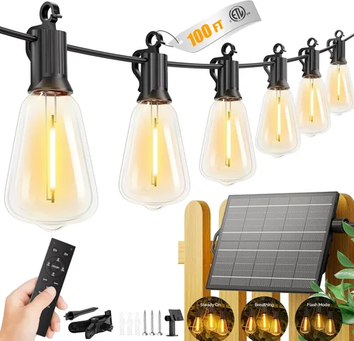 Vista 9 de Brightown Guirnalda de luces solares de 37 pies para exteriores, impermeable, con control remoto, 10+1 bombillas LED inastillables, regulables