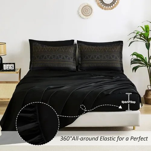 Vista 3 de WONGS BEDDING Juego de edredón Queen, rayas geométricas de oro negro Negro dorado