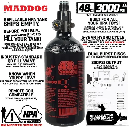 Vista 2 de Maddog Aluminum Compressed Air HPA Paintball Tank with Regulator - Airgun Airsoft PCP - Fresh Hydro Date - Ships Empty - Single - Refillable