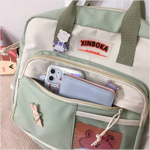 Vista 6 de Mochila Kawaii con bonitos alfileres y colgante de felpa para niña, mochila escolar, mochila de viaje linda, Verde, Mochilas de viaje