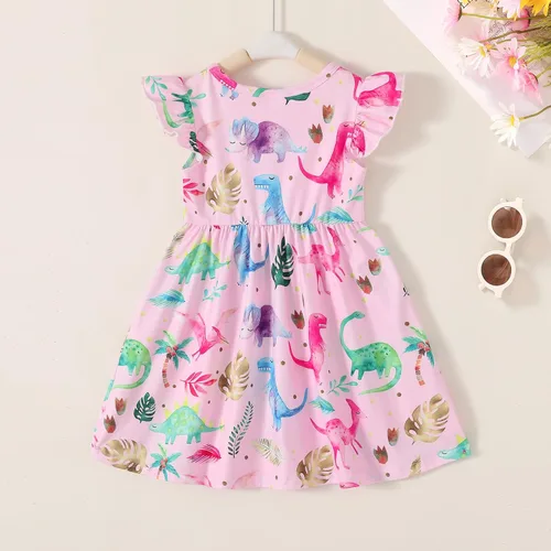 Vista 3 de Happy Town Vestido de dinosaurio para niñas y bebés, con volantes, manga con volantes, tutú de dinosaurio, vestido casual de verano