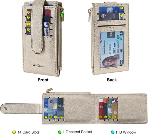 Vista 3 de Chelmon Billetera de mujer delgada con bloqueo RFID, billetera plegable con varios compartimientos para tarjetas con bolsillo con cierre, Dorado
