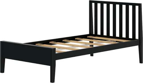 Vista 4 de Plank+Beam Base de cama individual moderna de madera maciza con cabecera de listones, plataforma escandinava con soporte de listones de madera, Negro