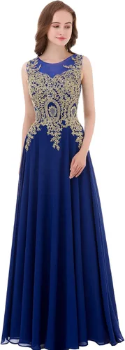 Vista 3 de Vestido de noche de gasa largo de encaje dorado Kivary para mujer