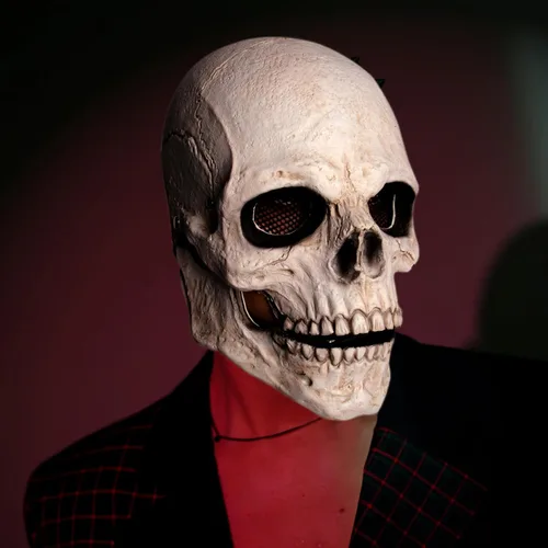 Vista 4 de Máscara de calavera con mandíbula móvil para Halloween, espeluznante esqueleto de látex, máscara de cabeza completa para adultos, disfraces de fiesta