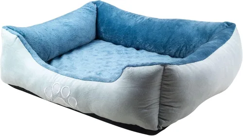 Vista 2 de Happycare Textiles - Cama para perro rectangular larga para mascotas con bordado de huella de perro, tamaño mediano, Azul con inserto ortopédico.