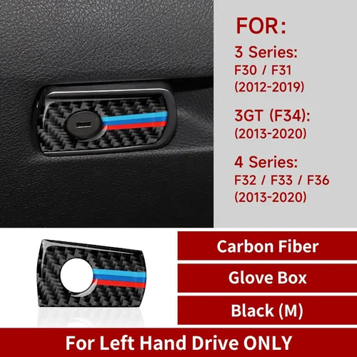 Vista 2 de Adhesivo de caja de guantes de coche, caja de almacenamiento con acabado de fibra de carbono, compatible con accesorios BMW F30 F31 F34 3GT F32 F33