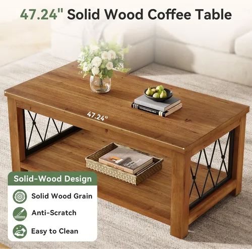 Vista 4 de Mesa auxiliar de madera maciza de 47.2 pulgadas, diseño de almacenamiento de 2 niveles, mesa de cóctel central rectangular de granja, marco de metal